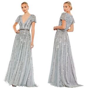 Mac Duggal Elegant Striped Sequin Gown in Slate Blue